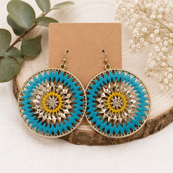 Jewelry - Turquoise Mandala Statement Earrings | Boho Sunburst Festival Dangles